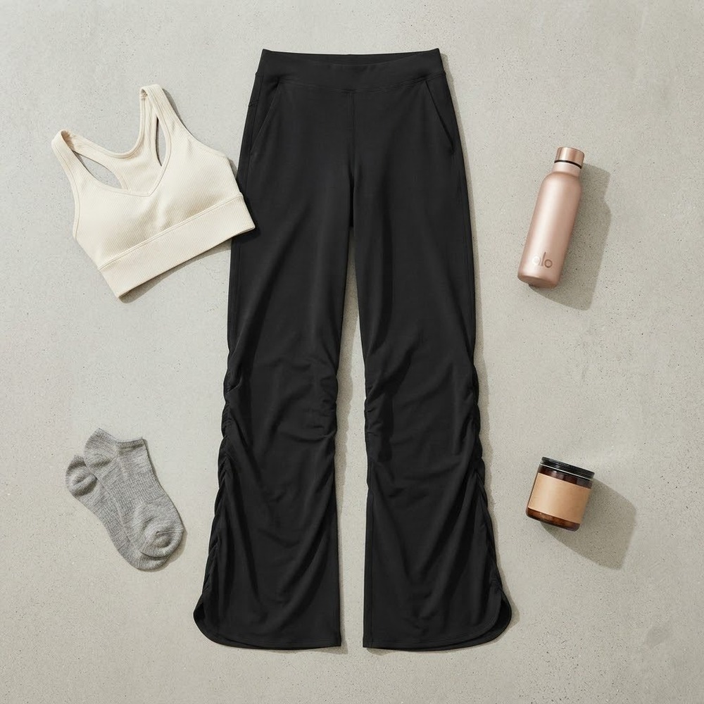 Alo Yoga Black Ruched Wide Leg Yoga Pants Modal Cotton Blend Size M Activewear